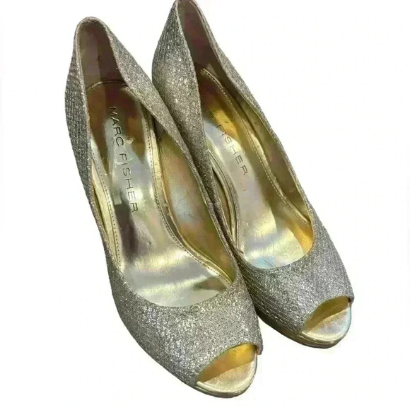 Marc Fisher Women’s Peep Toe Glitter Metallic  Pumps Gold And Silver Size 8.5 - Picture 1 of 12